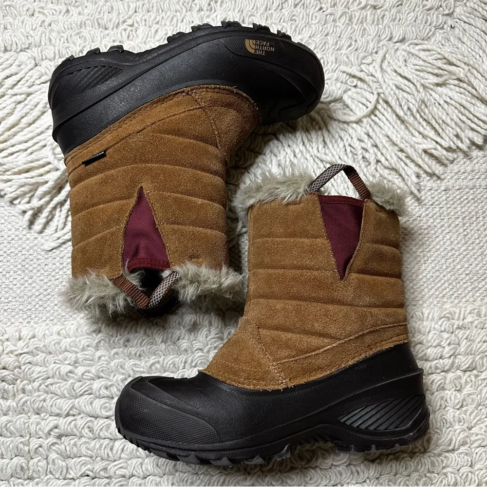 NORTH FACE girls’ brown suede leather faux fur lined Shellista snow boots 3